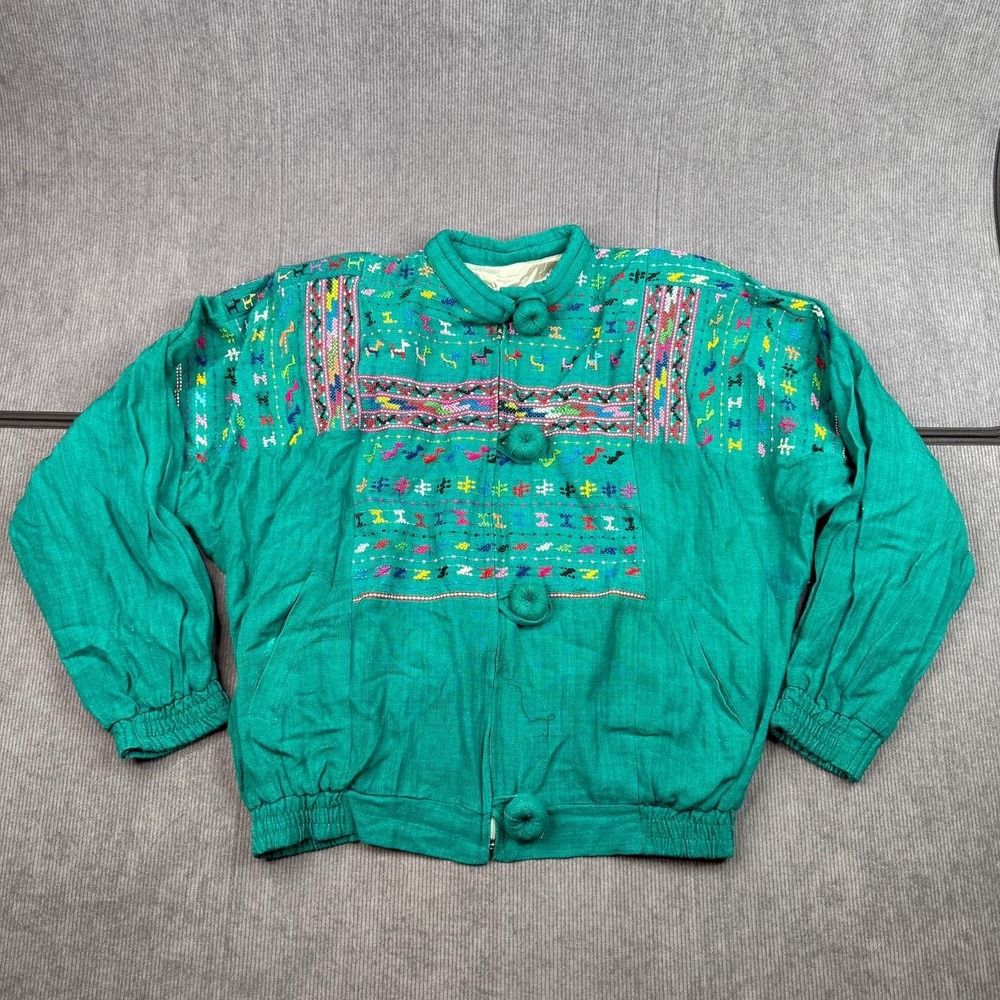 Vintage Teal Green Embroidered Zip Up Bomber Jacket Frog‎ Closures Boho L/XL